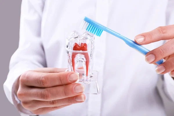 Dentista con cepillo de dientes en la mano