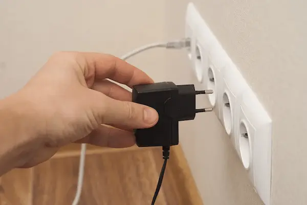 persona desconectando cargador del enchufe para evitar consumo de energía innecesario