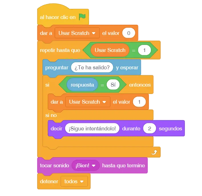Bloques de programación en Scratch con instrucciones de evento, repetición, pregunta, condición, sonido y detener.