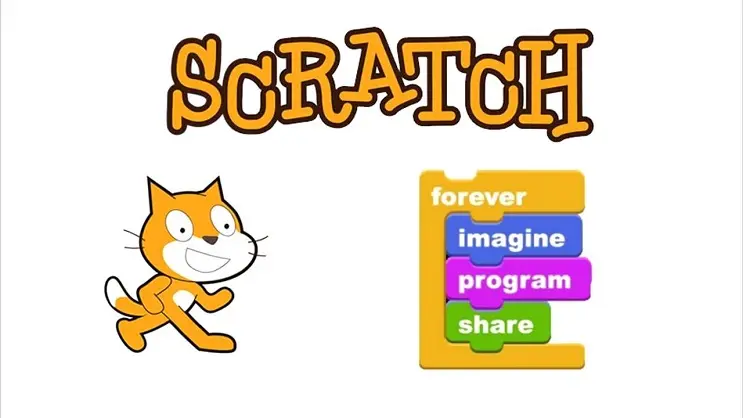 Logo de Scratch con el personaje del gato y bloques con las palabras imagine, program y share.